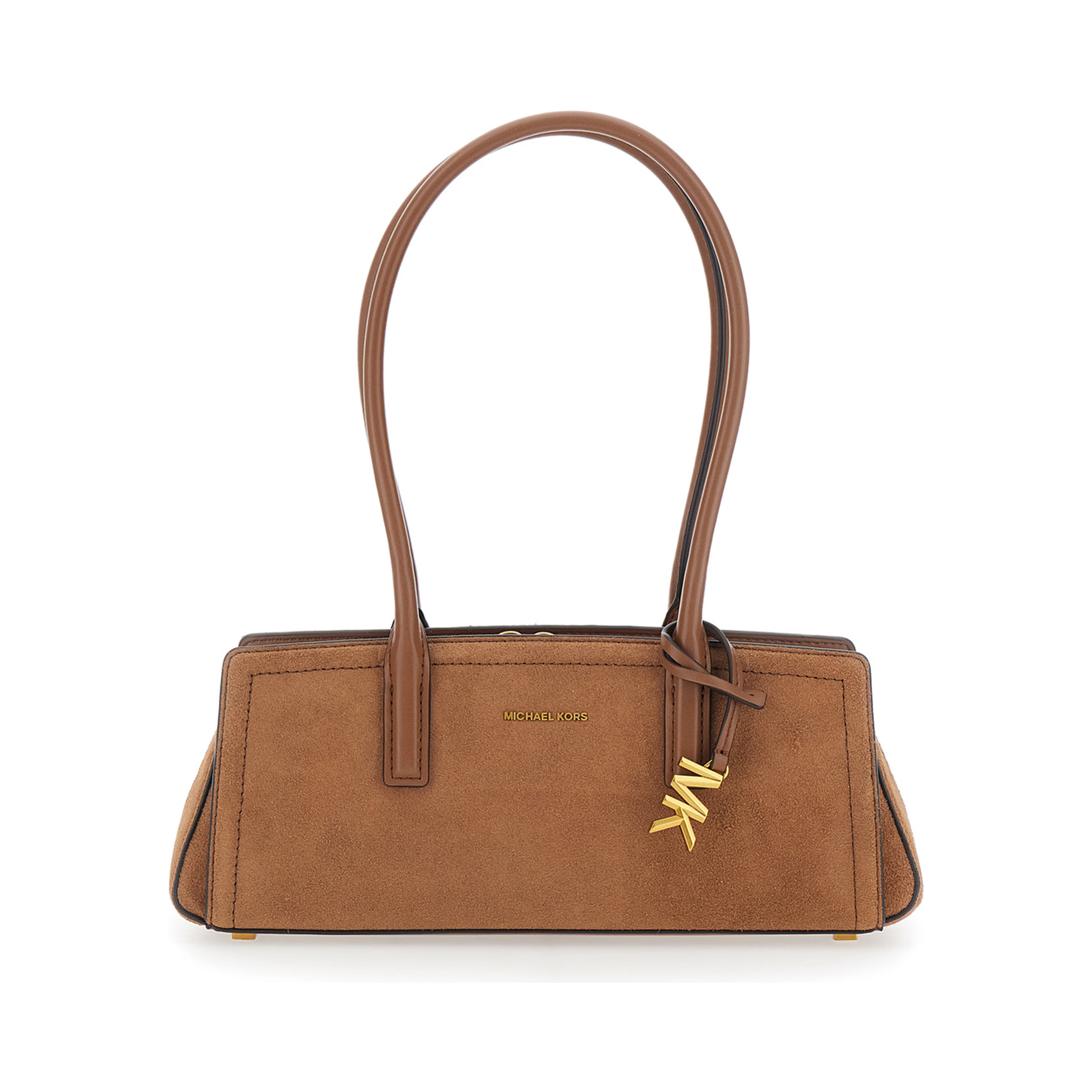 Laila Brown Shoulder Bag with Logo Plate on Front in Suede for Women