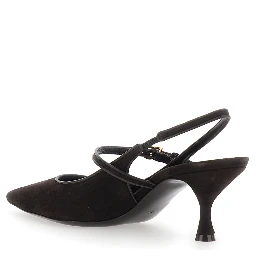 Black Slingback Pumps with Ankle Strap and Logo Plate in Suede for Women