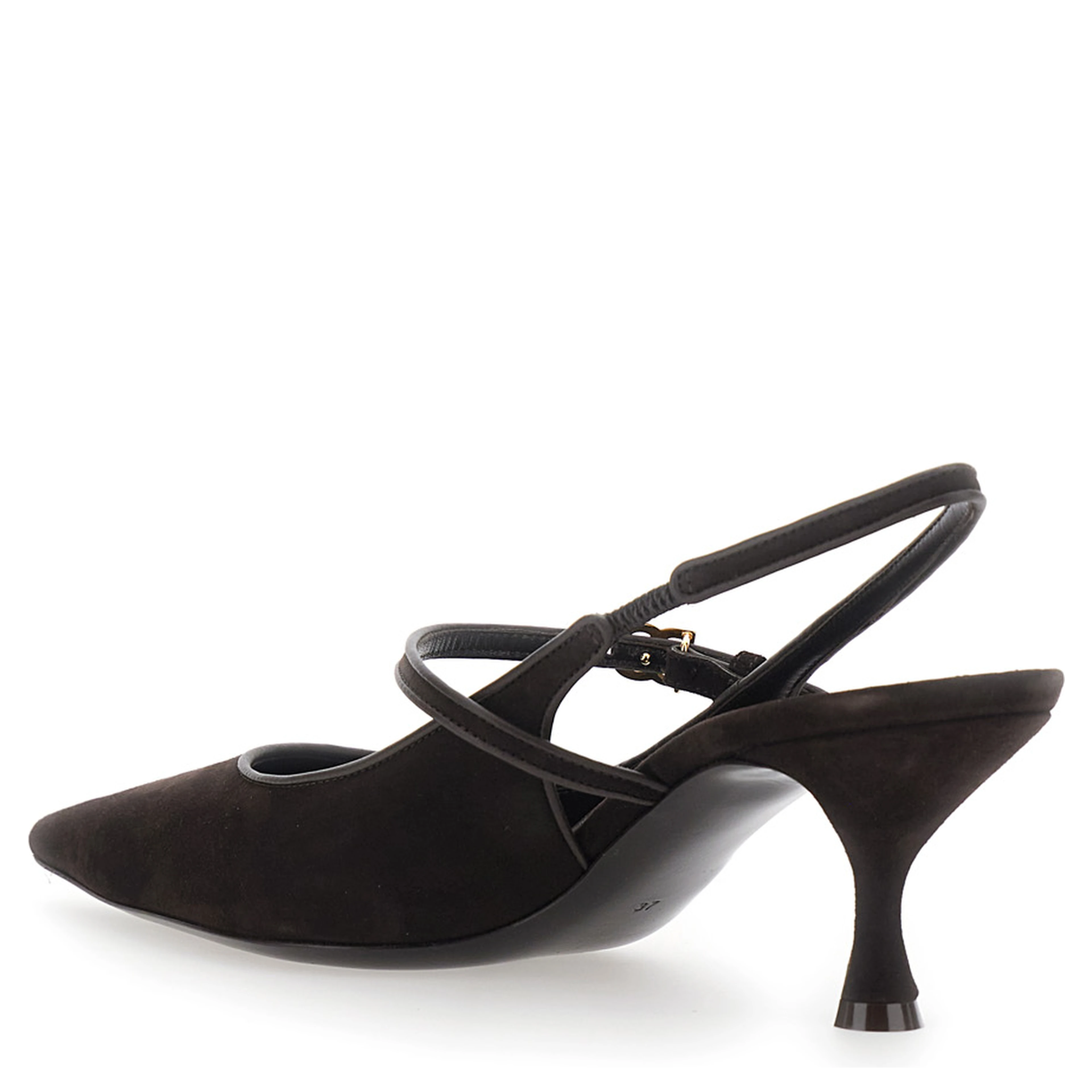 Black Slingback Pumps with Ankle Strap and Logo Plate in Suede for Women