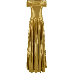 gold colored Long dress with boat neckline and pleated skirt in Tech Fabric women