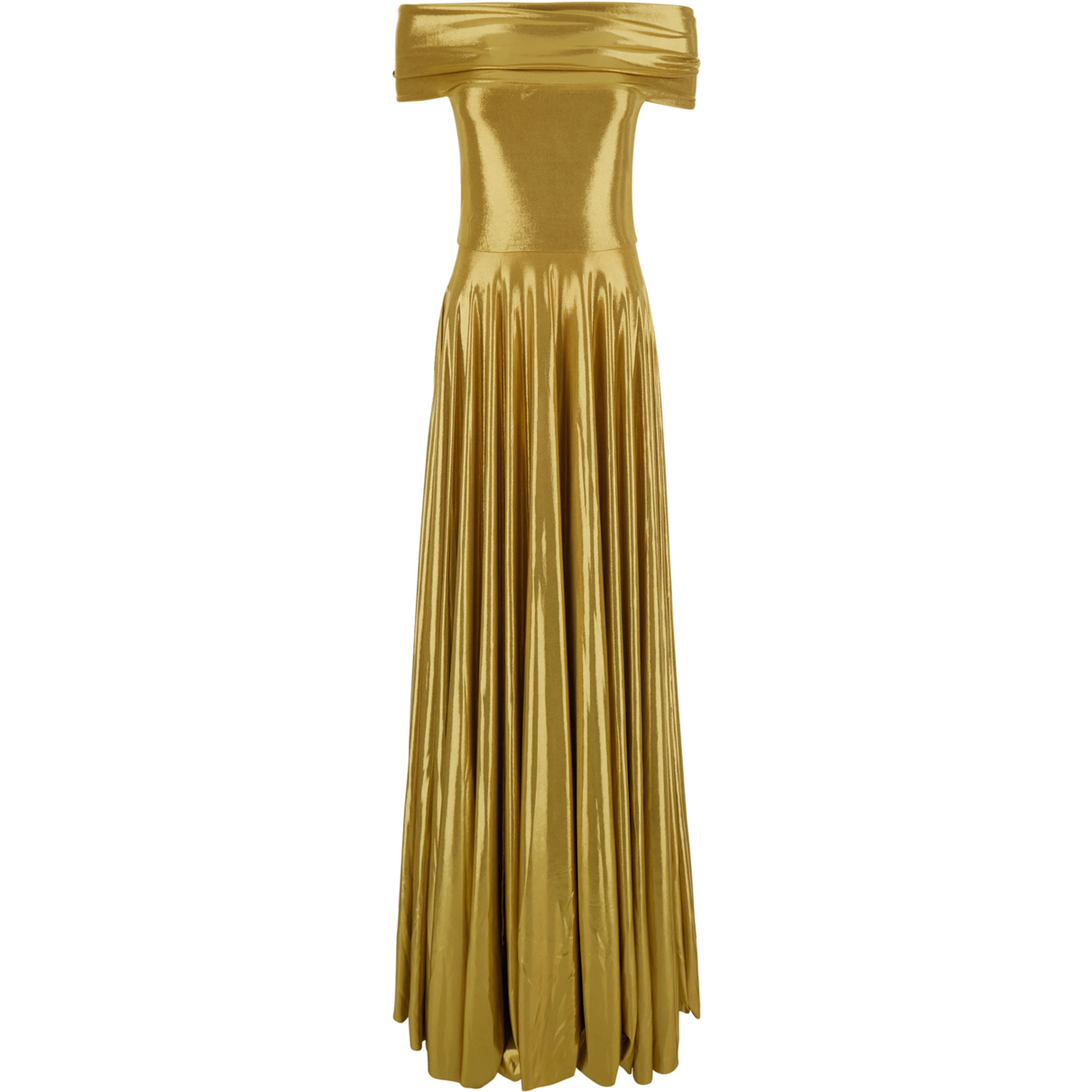gold colored Long dress with boat neckline and pleated skirt in Tech Fabric women