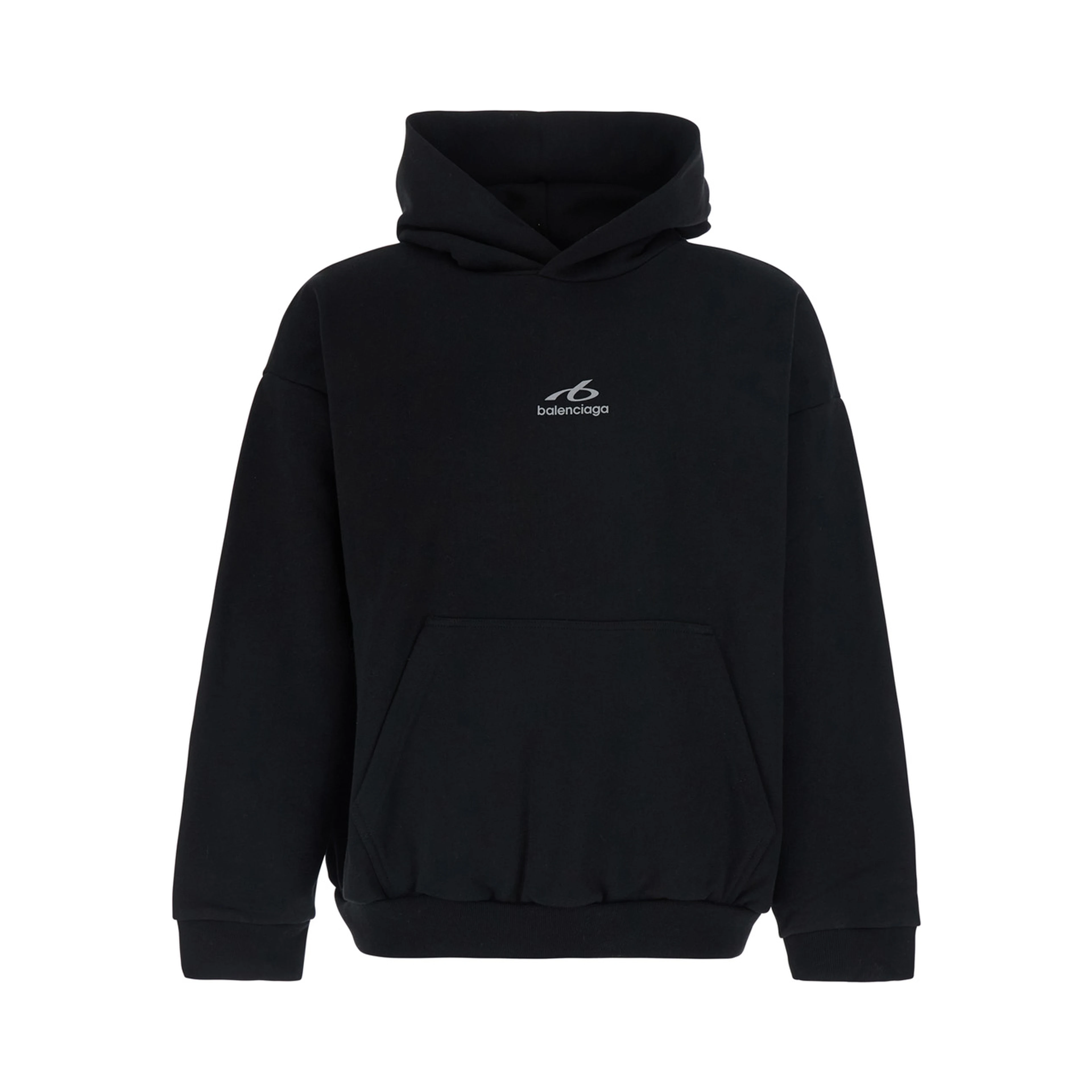 Black Hoodie with fixed hood and logo lettering on the front in cotton for men