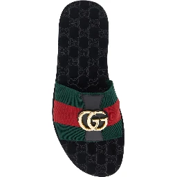Riviera Black Sandals with Web stripe and metallic GG logo in leather and Tech Fabric men