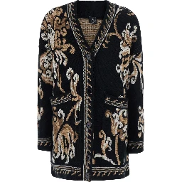 Black Cardigan with all-over embroidery and V-neck in wool for women