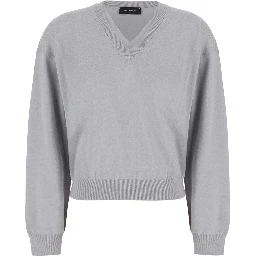 Grey V-neck Sweater with Ribbed Edges in Wool and Cotton for Women