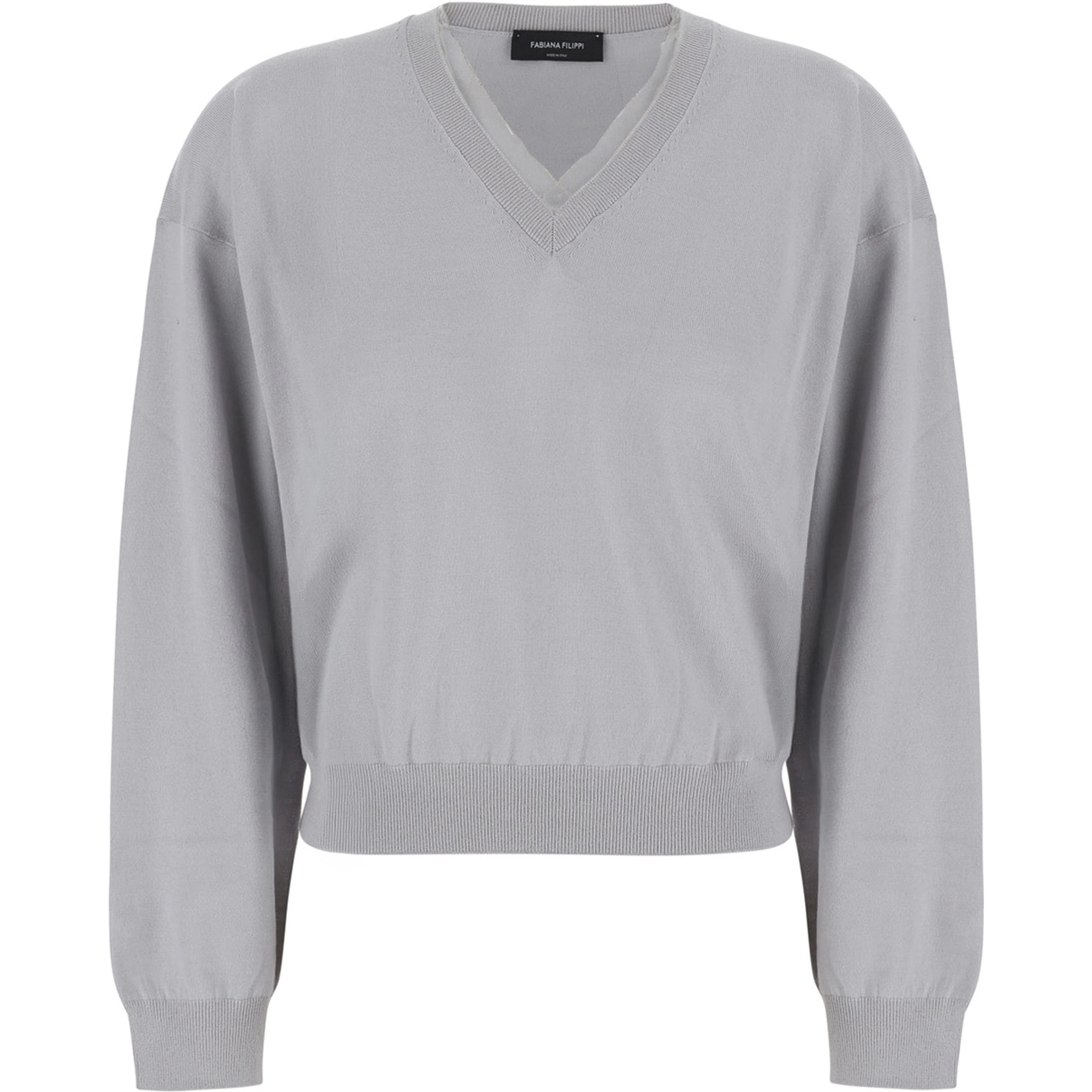 Grey V-neck Sweater with Ribbed Edges in Wool and Cotton for Women