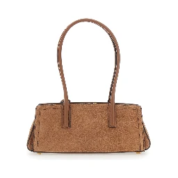 Laila Brown Shoulder Bag with Logo Plate on Front in Suede for Women