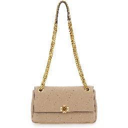 Charlie Gray Crossbody bag with Chain Strap and Logo Plate on Front in Quilted Suede for Women
