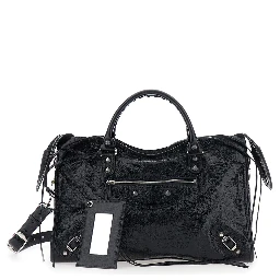 Le City Bag Black Medium Handbag with adjustable and removable shoulder strap and removable mirror in leather for women