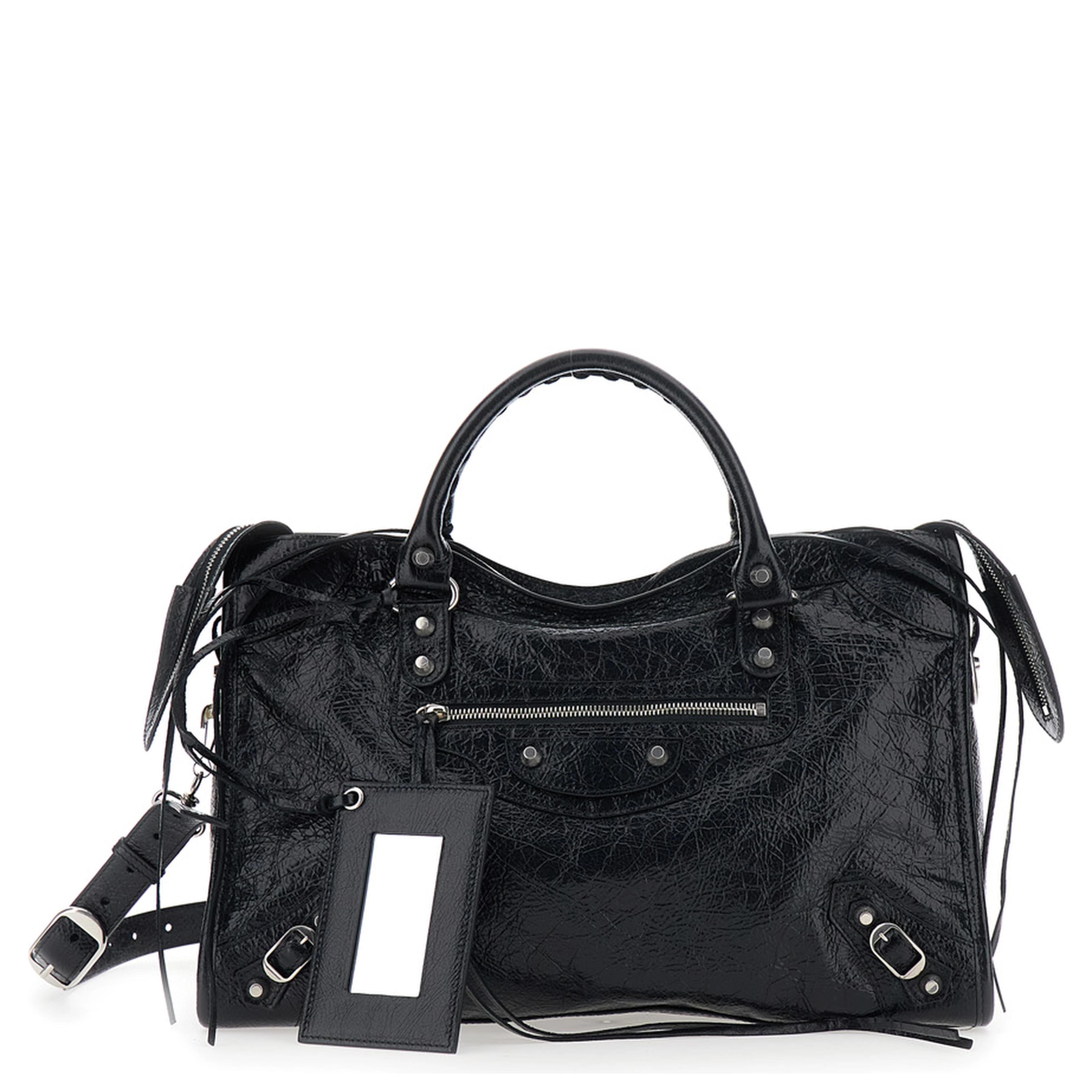 Le City Bag Black Medium Handbag with adjustable and removable shoulder strap and removable mirror in leather for women