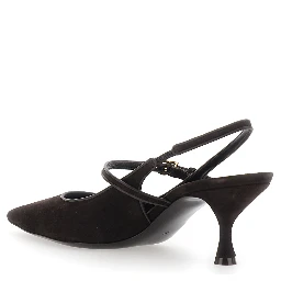 Black Slingback Pumps with Ankle Strap and Logo Plate in Suede for Women