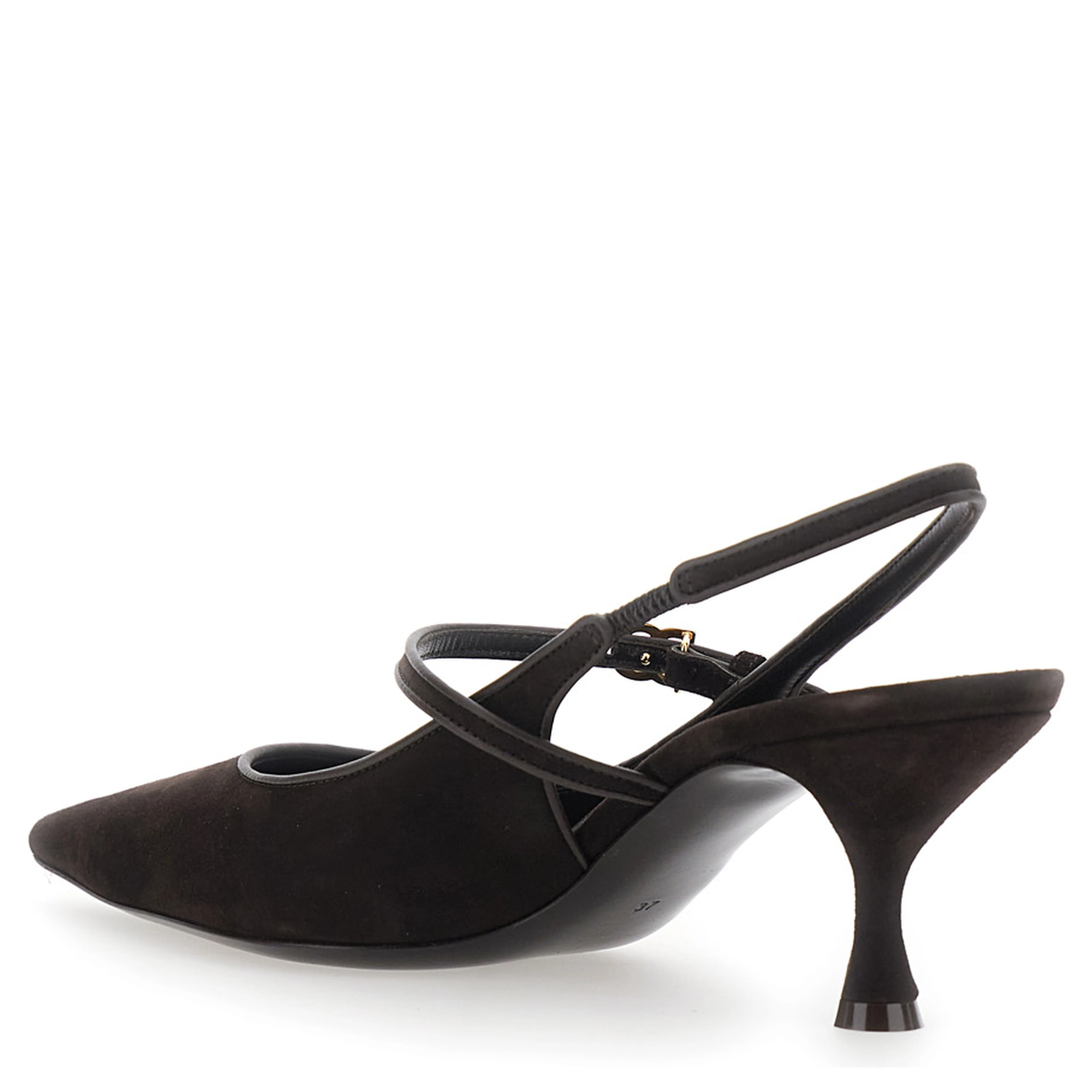Black Slingback Pumps with Ankle Strap and Logo Plate in Suede for Women