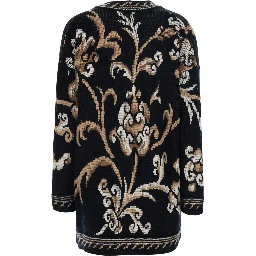 Black Cardigan with all-over embroidery and V-neck in wool for women