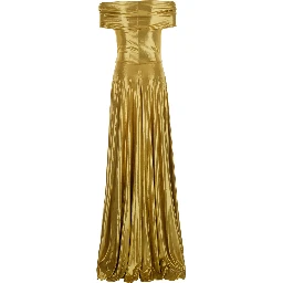 gold colored Long dress with boat neckline and pleated skirt in Tech Fabric women