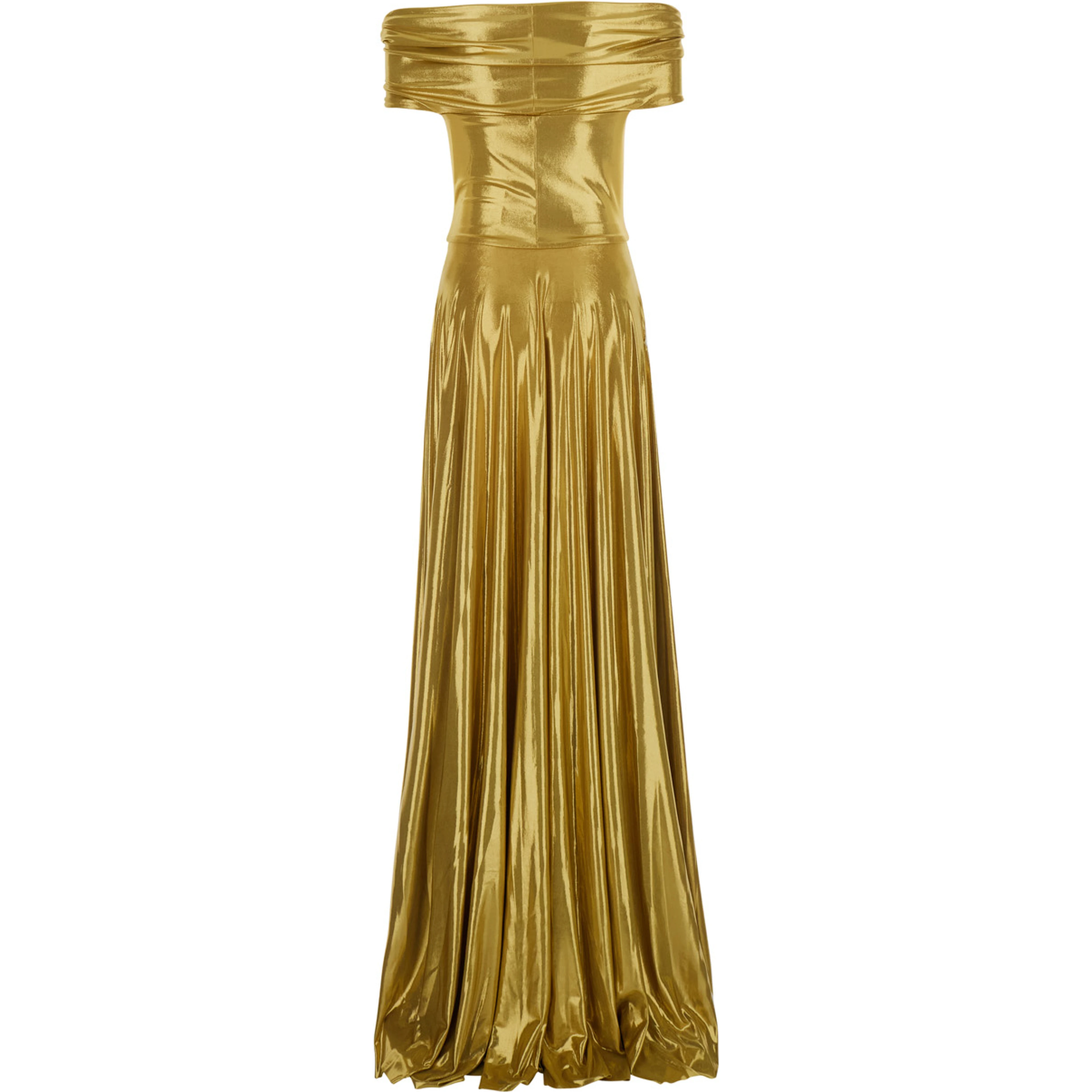 gold colored Long dress with boat neckline and pleated skirt in Tech Fabric women