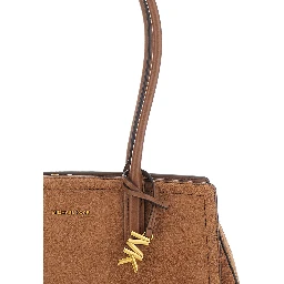 Laila Brown Shoulder Bag with Logo Plate on Front in Suede for Women