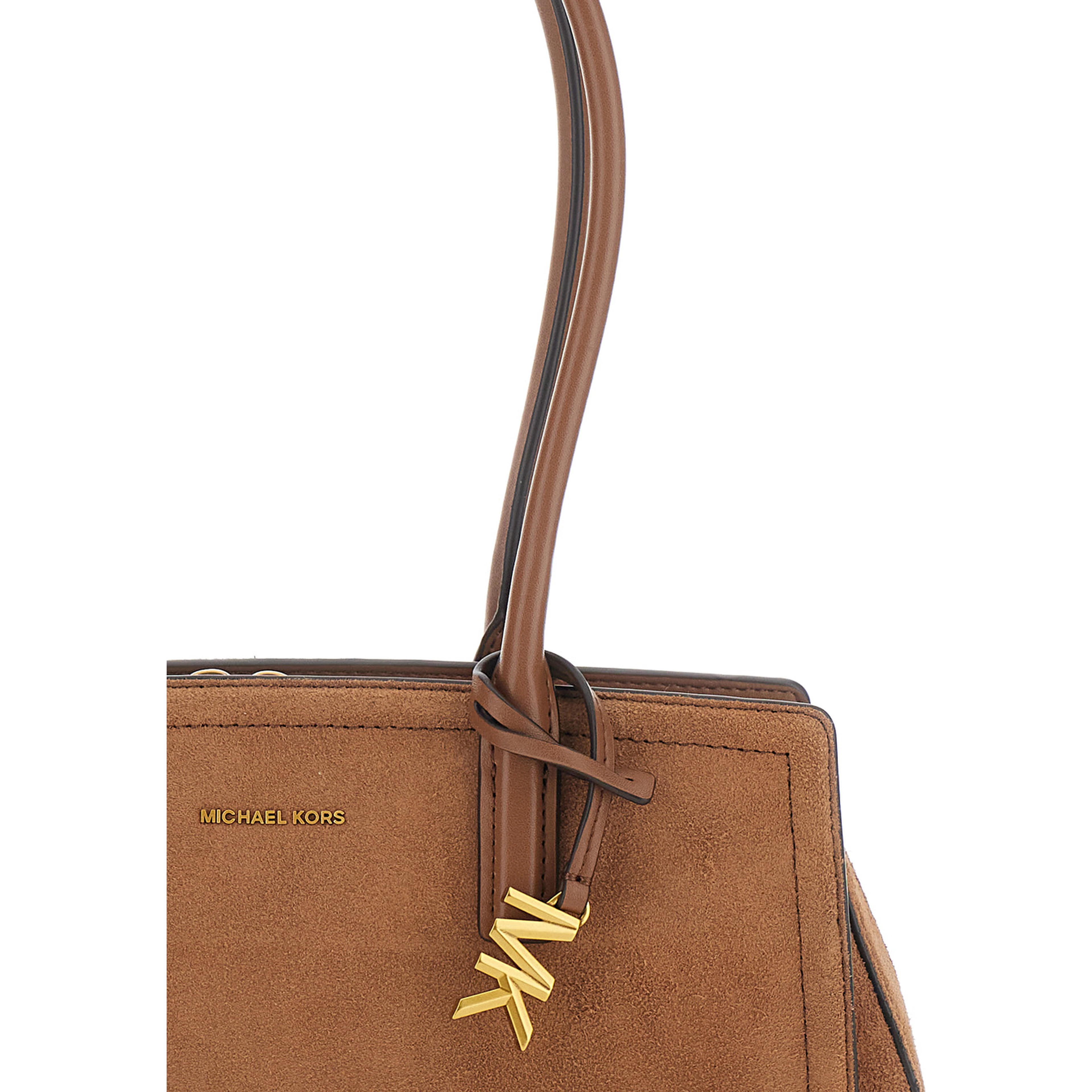Laila Brown Shoulder Bag with Logo Plate on Front in Suede for Women