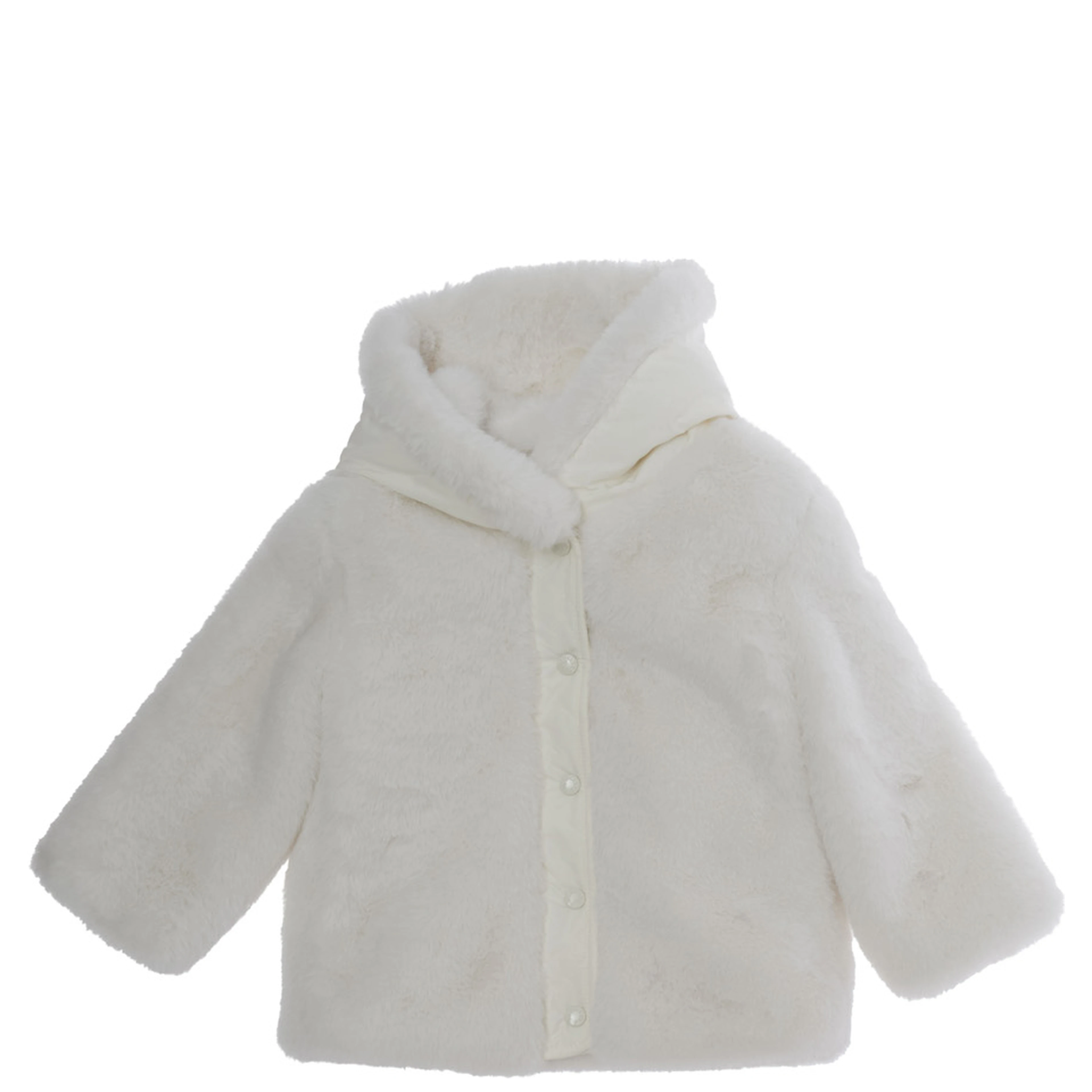 Viona White Down jacket with hood and hidden closure on the front in ecofur baby