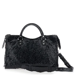 Le City Bag Black Medium Handbag with adjustable and removable shoulder strap and removable mirror in leather for women