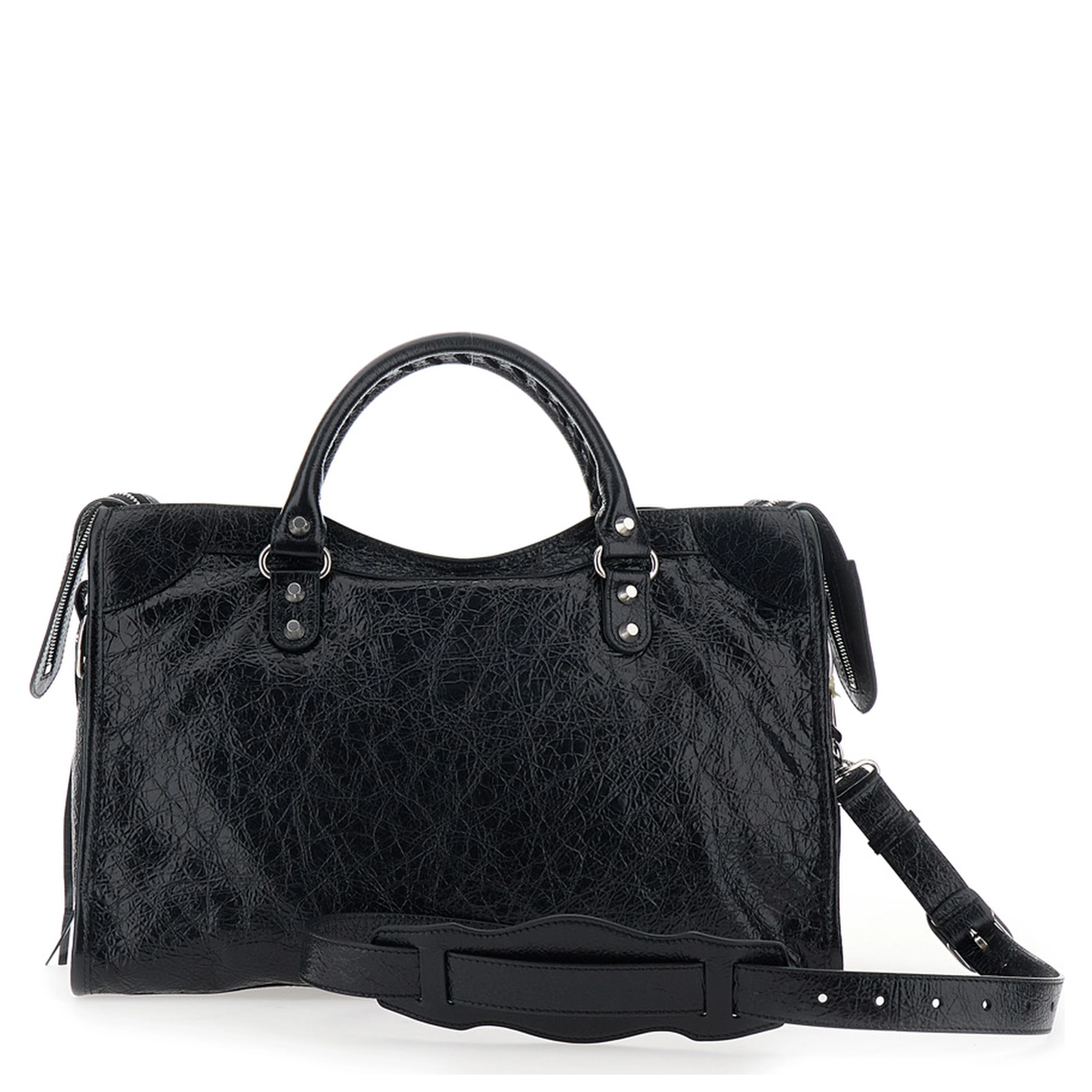 Le City Bag Black Medium Handbag with adjustable and removable shoulder strap and removable mirror in leather for women
