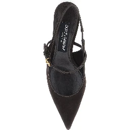 Black Slingback Pumps with Ankle Strap and Logo Plate in Suede for Women