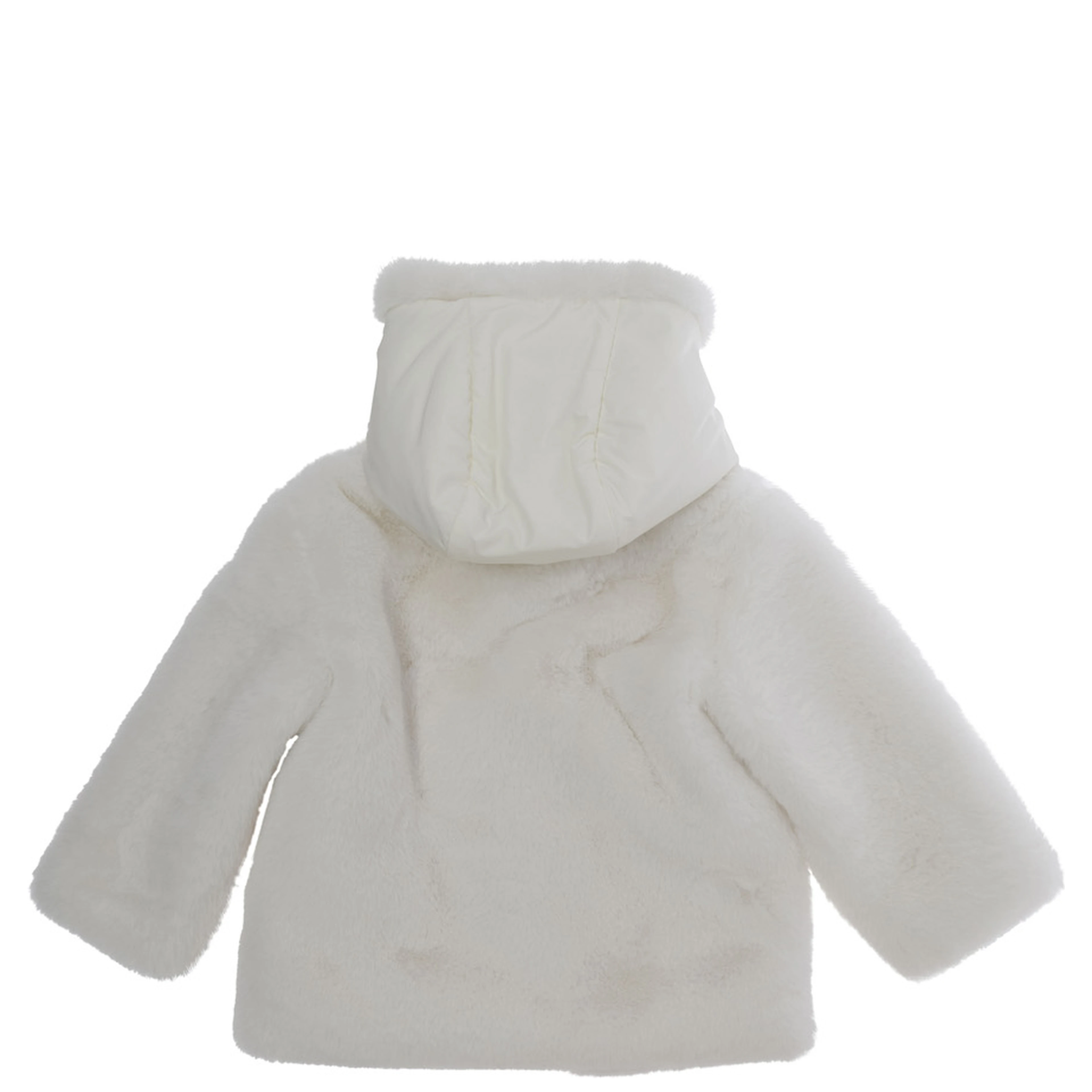 Viona White Down jacket with hood and hidden closure on the front in ecofur baby