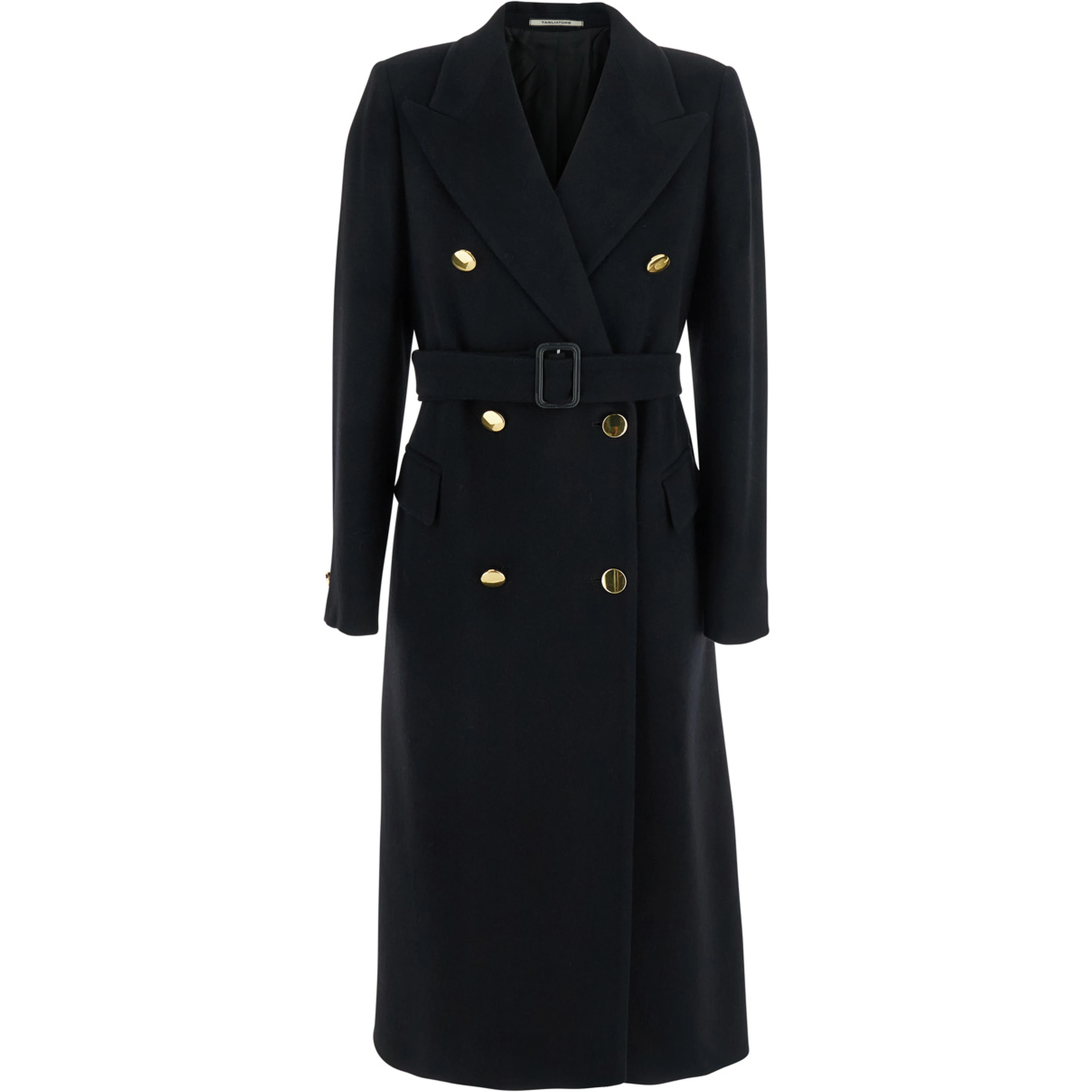 Double-breasted coat with peak revers and gold buttons in black wool blend for women