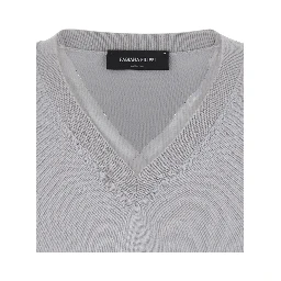 Grey V-neck Sweater with Ribbed Edges in Wool and Cotton for Women