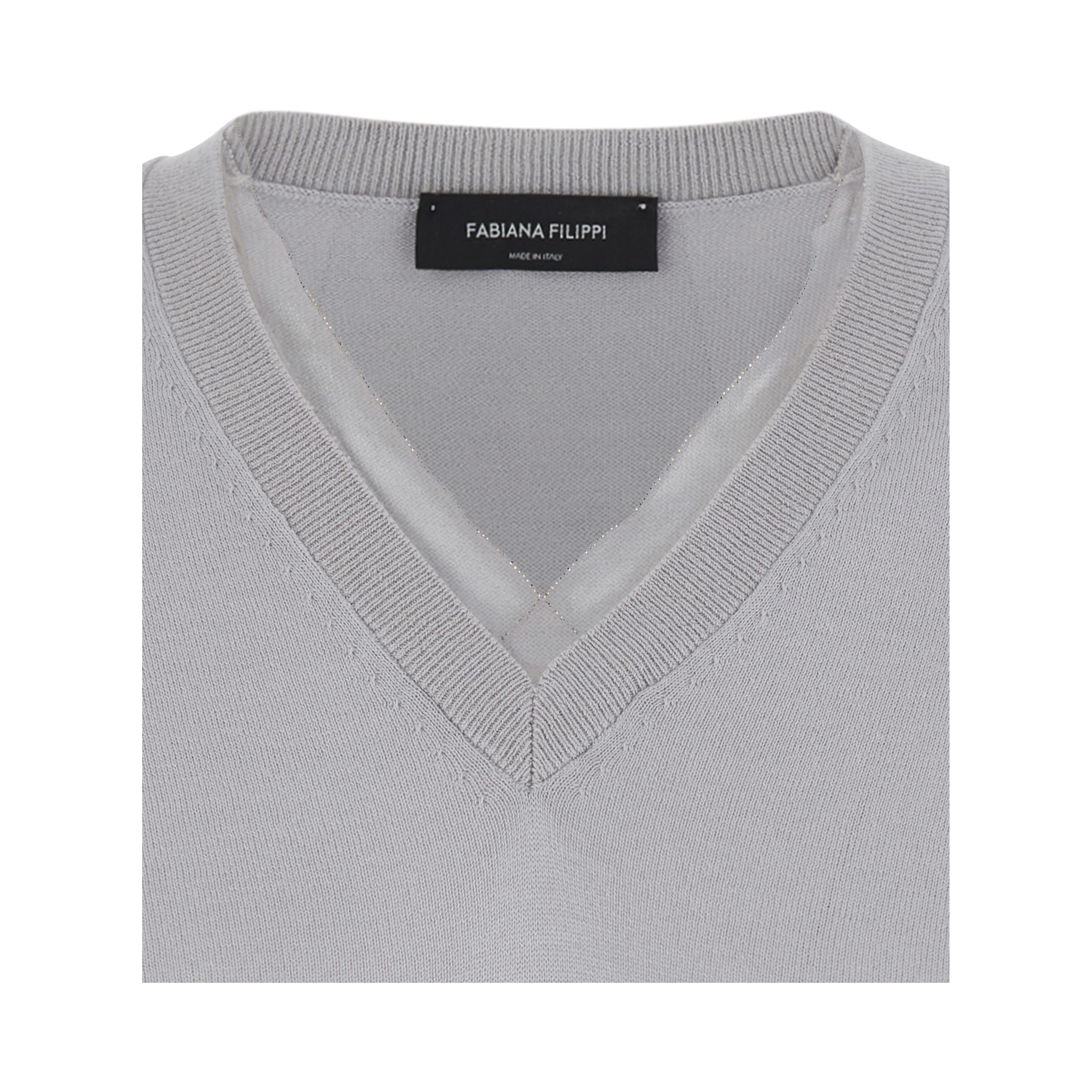 Grey V-neck Sweater with Ribbed Edges in Wool and Cotton for Women