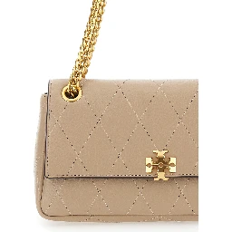 Charlie Gray Crossbody bag with Chain Strap and Logo Plate on Front in Quilted Suede for Women