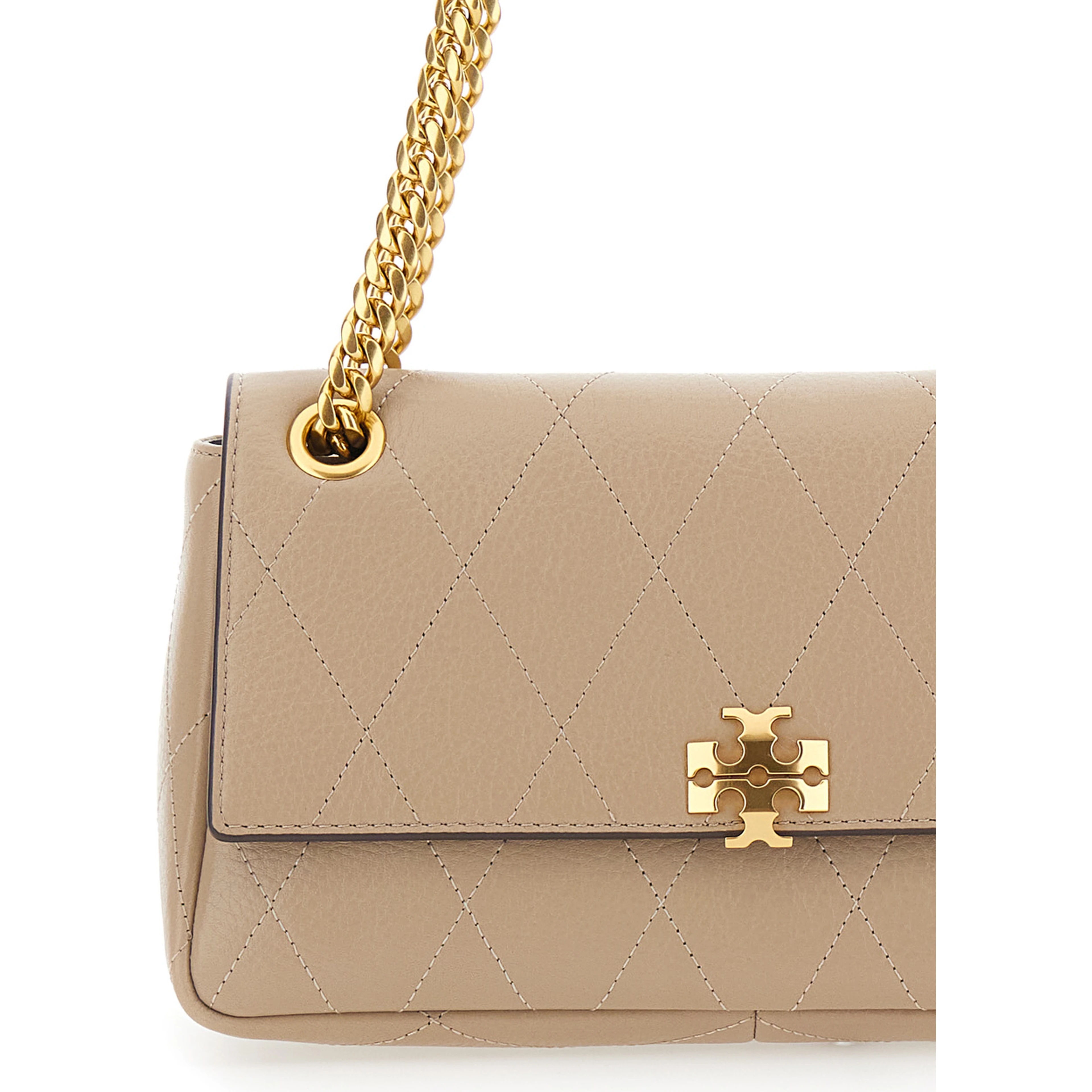Charlie Gray Crossbody bag with Chain Strap and Logo Plate on Front in Quilted Suede for Women