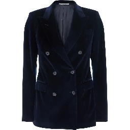 Parigi Blue Double.Breasted Jacket with Peak revers in Blue Velvet for Women