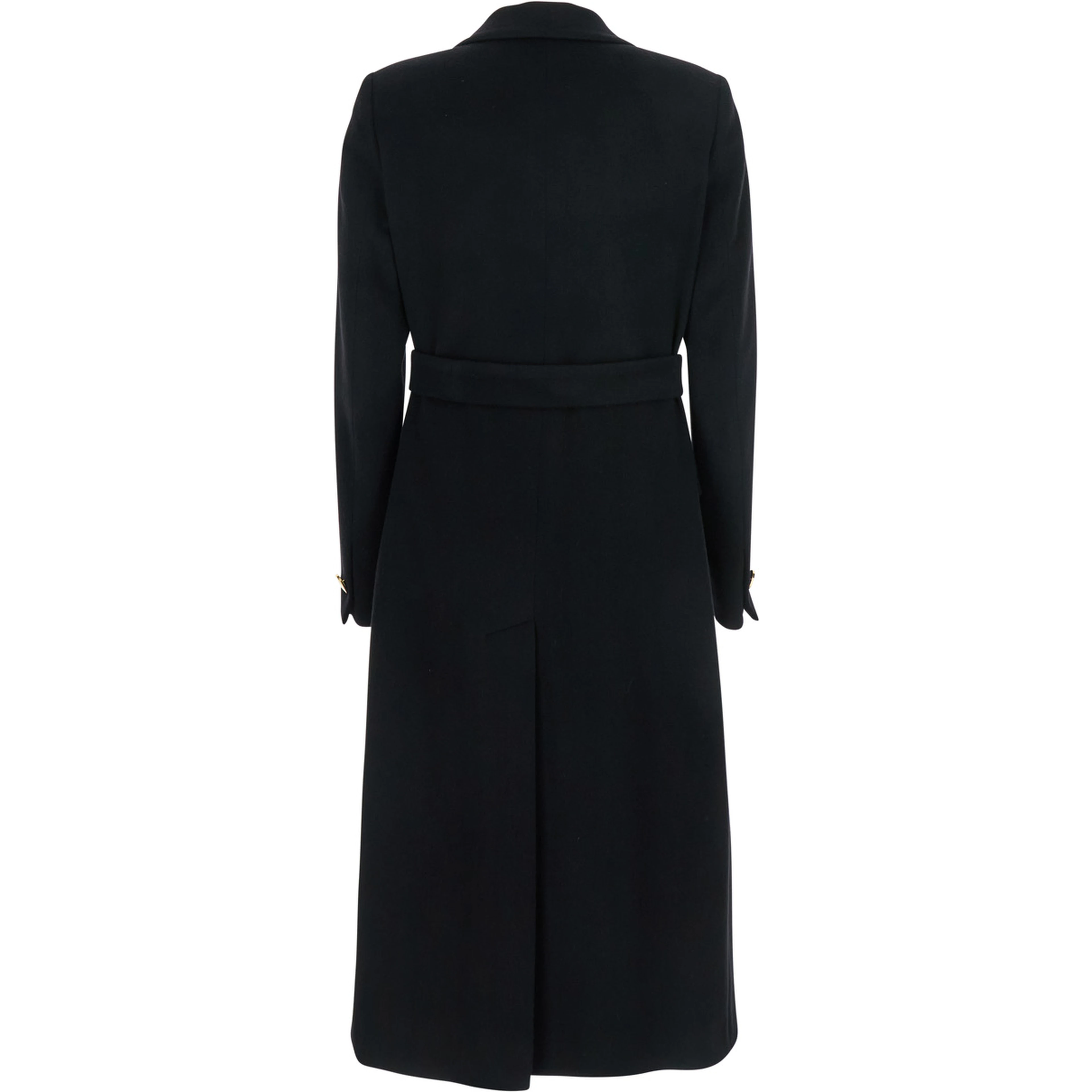 Double-breasted coat with peak revers and gold buttons in black wool blend for women