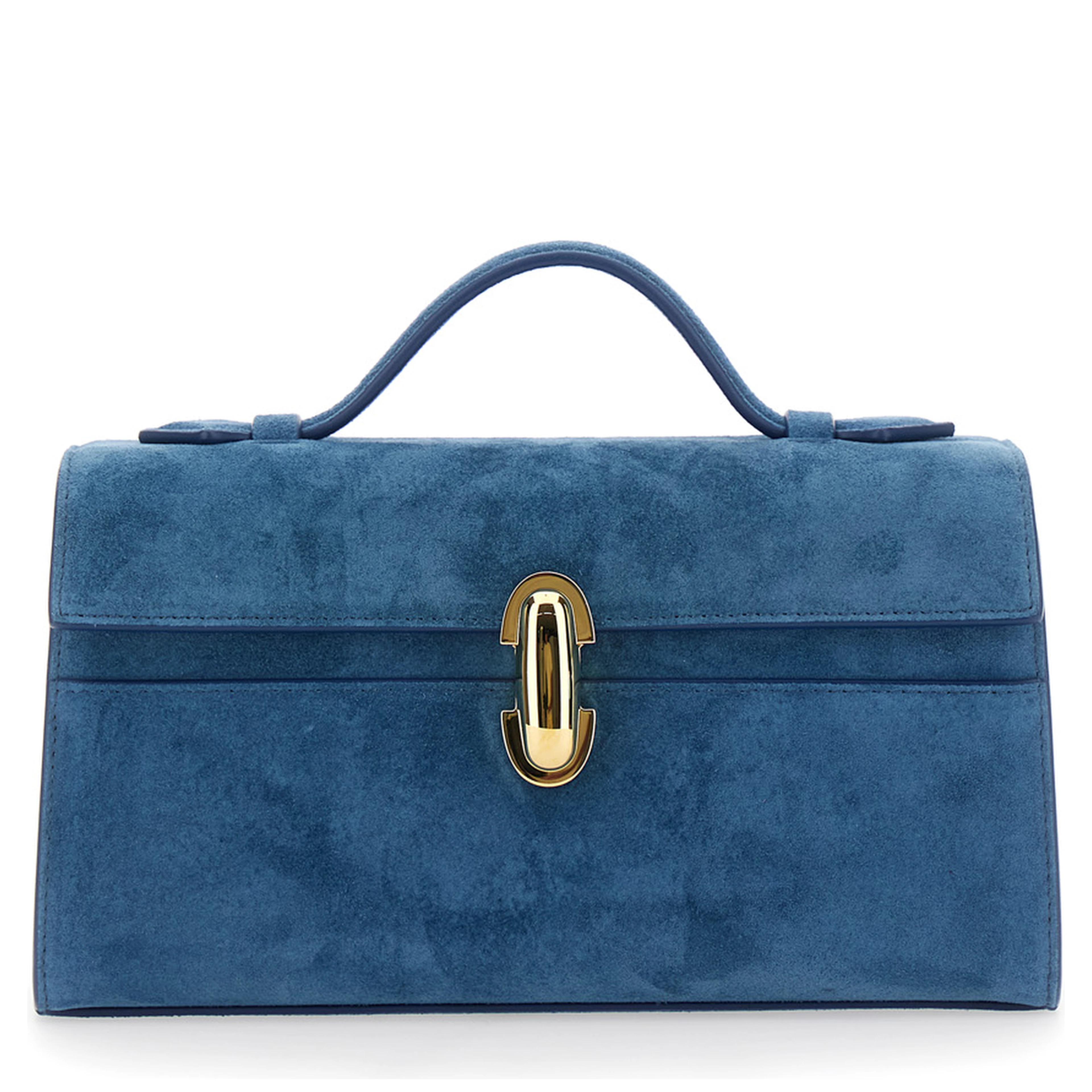 SYMMETRY CLUTCH IN SUEDE with elegant details and blue unisex suede