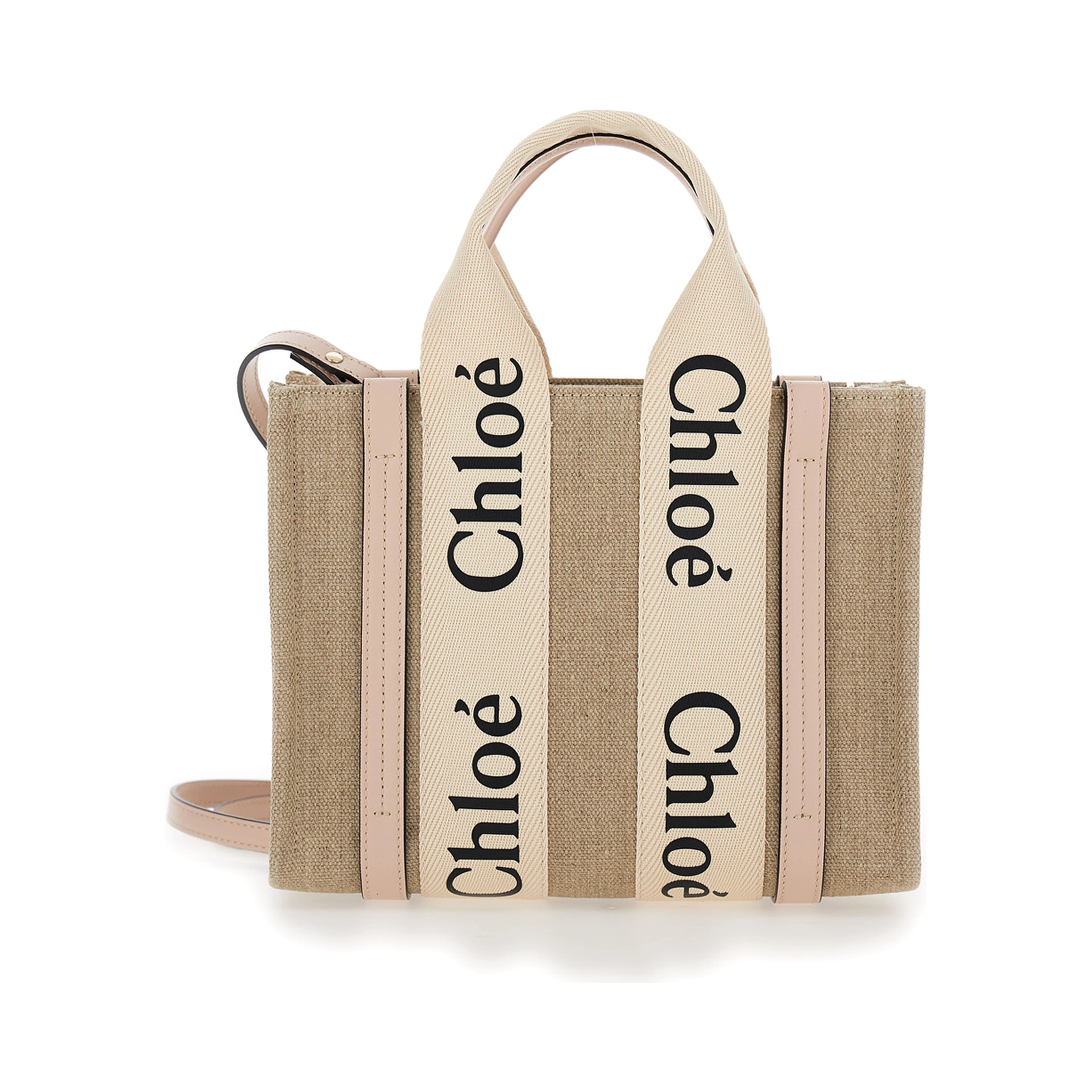 Tote bag Woody with Logoed Ribbons in Beige Canvas for Women