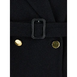 Double-breasted coat with peak revers and gold buttons in black wool blend for women