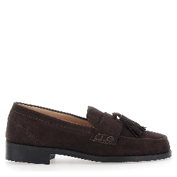 Brown Low-heeled loafers with tassels on the front in suede for women
