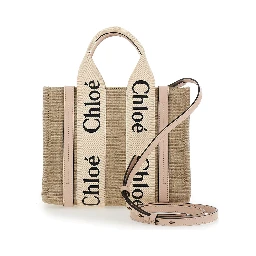 Tote bag Woody with Logoed Ribbons in Beige Canvas for Women