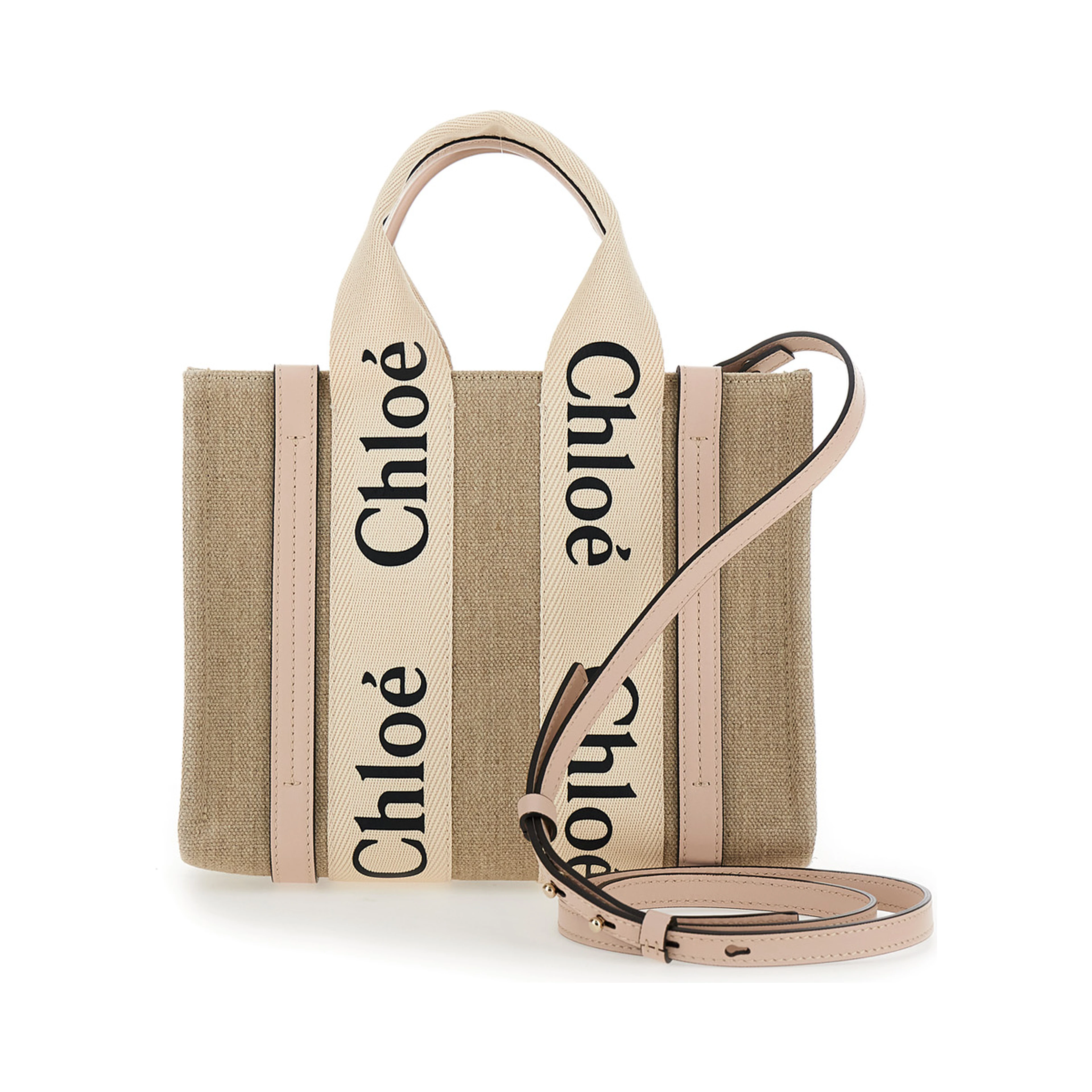 Tote bag Woody with Logoed Ribbons in Beige Canvas for Women