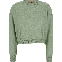 Green Crew neck sweater with dropped shoulders and crop design in cashmere blend for women