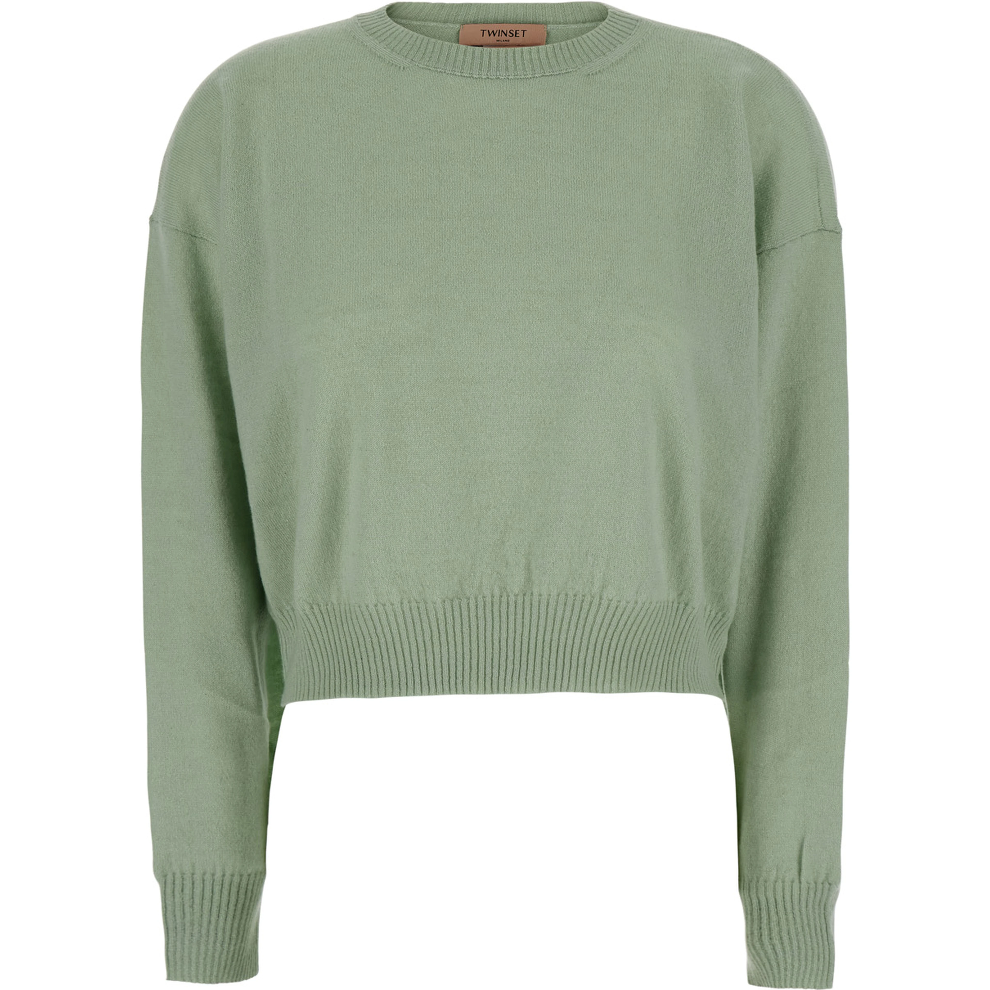 Green Crew neck sweater with dropped shoulders and crop design in cashmere blend for women