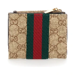 Beige Wallet with Web Stripe and Zip Closure and Magnetic Button in GG Canvas for Women