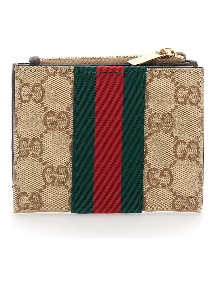 Beige Wallet with Web Stripe and Zip Closure and Magnetic Button in GG Canvas for Women