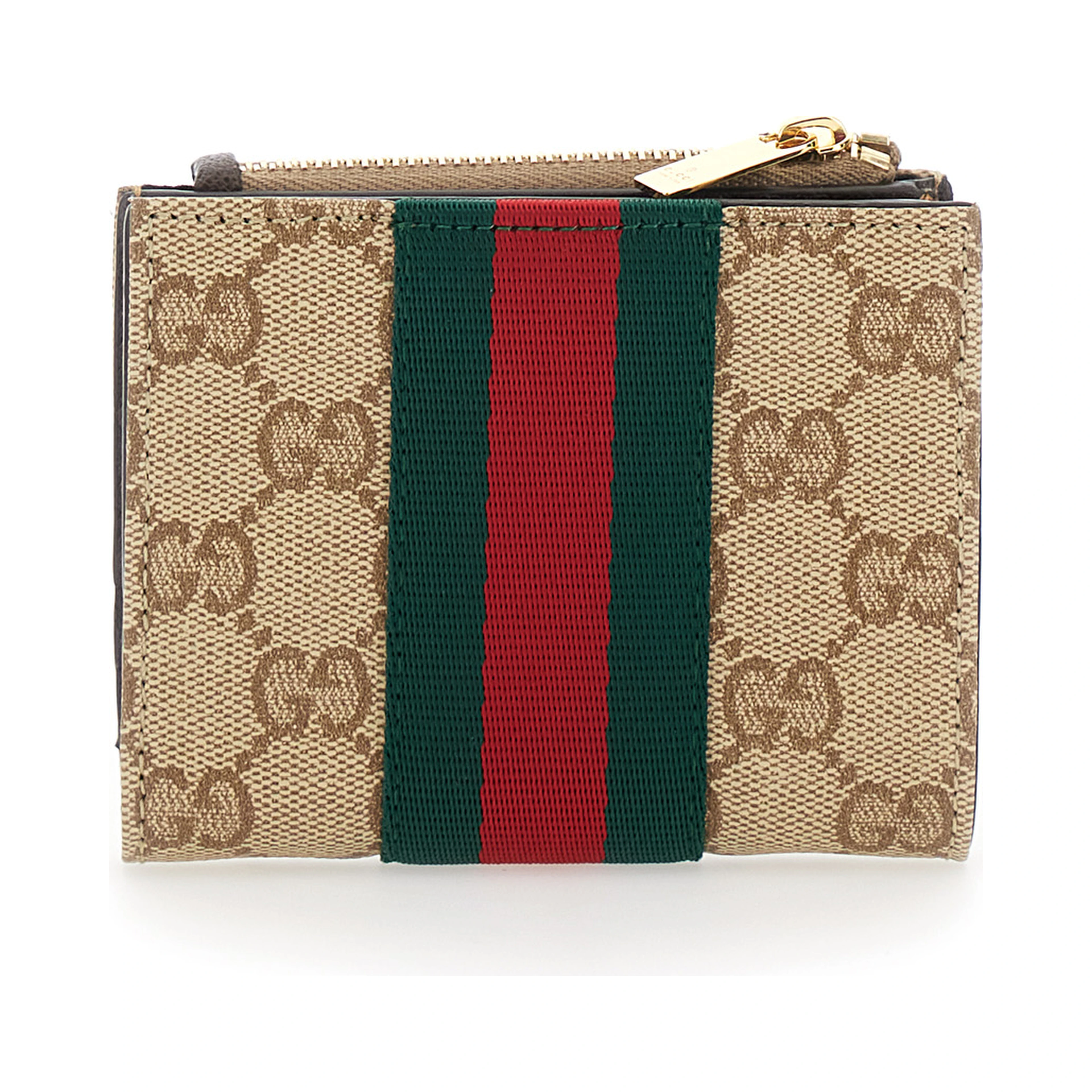 Beige Wallet with Web Stripe and Zip Closure and Magnetic Button in GG Canvas for Women