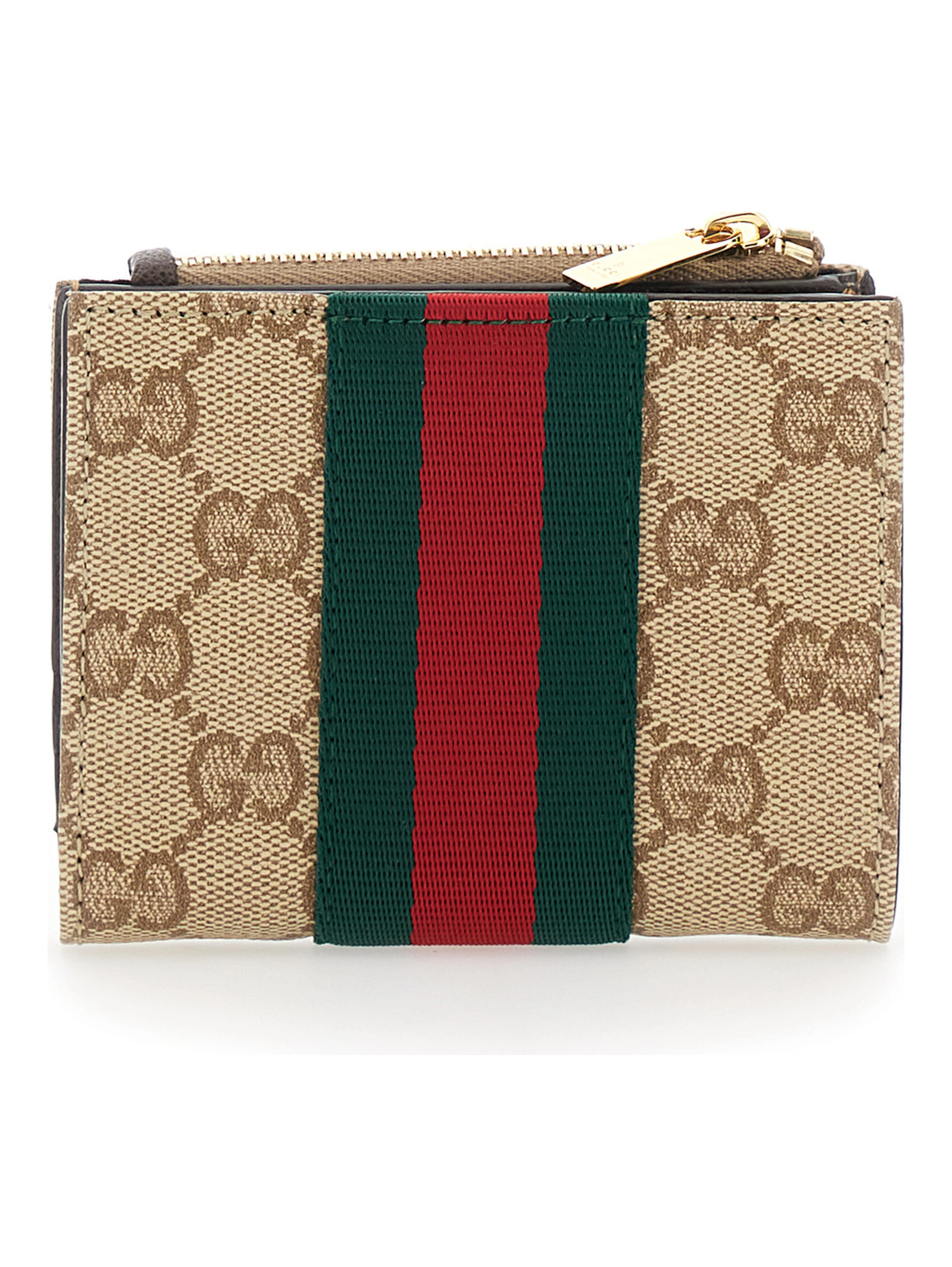 Beige Wallet with Web Stripe and Zip Closure and Magnetic Button in GG Canvas for Women