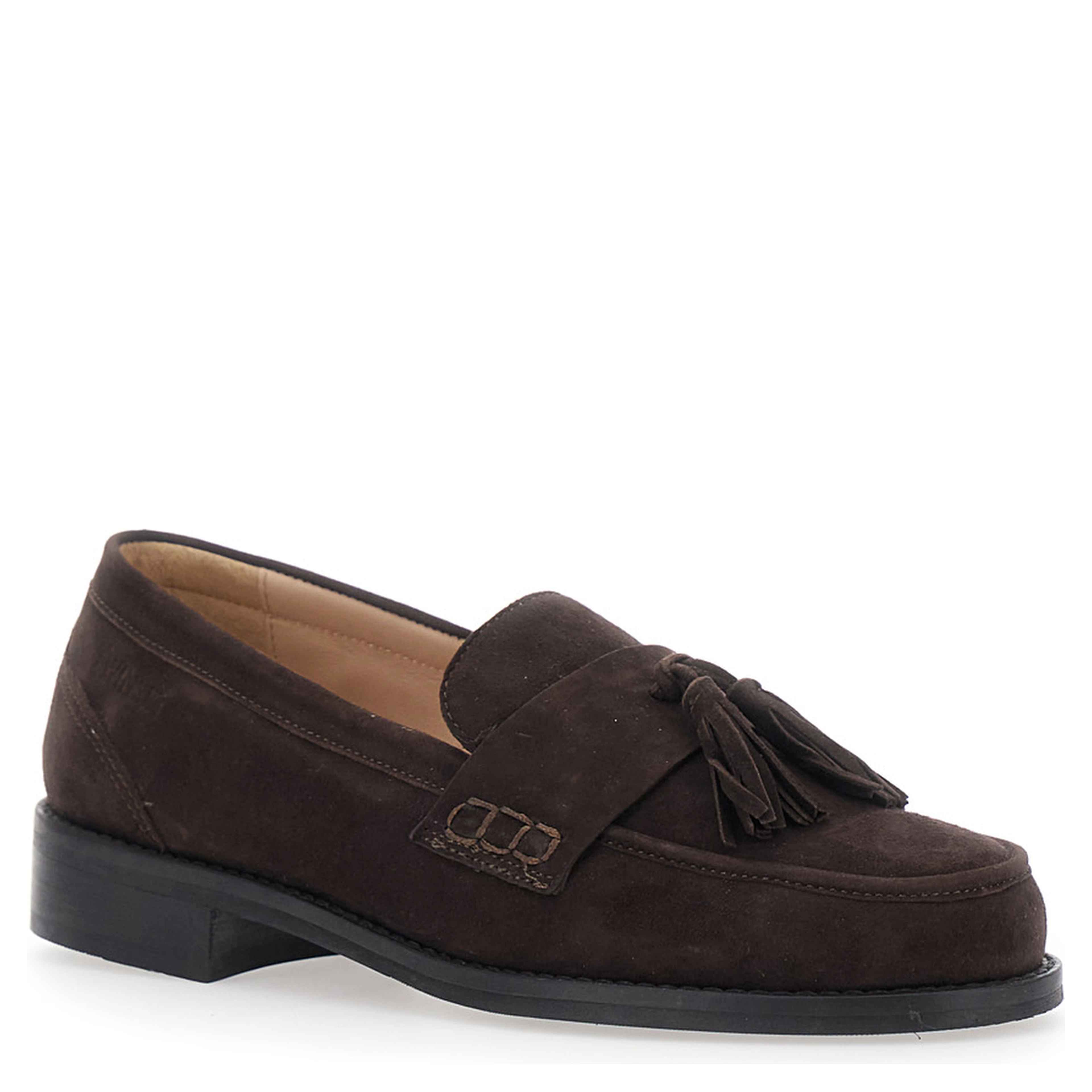Brown Low-heeled loafers with tassels on the front in suede for women