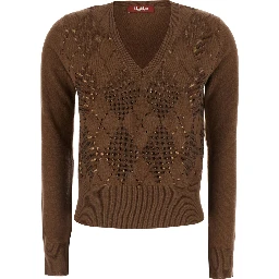 Liuti Brown Sweater with V-neck and diamond motif on the front in wool and cashmere for women