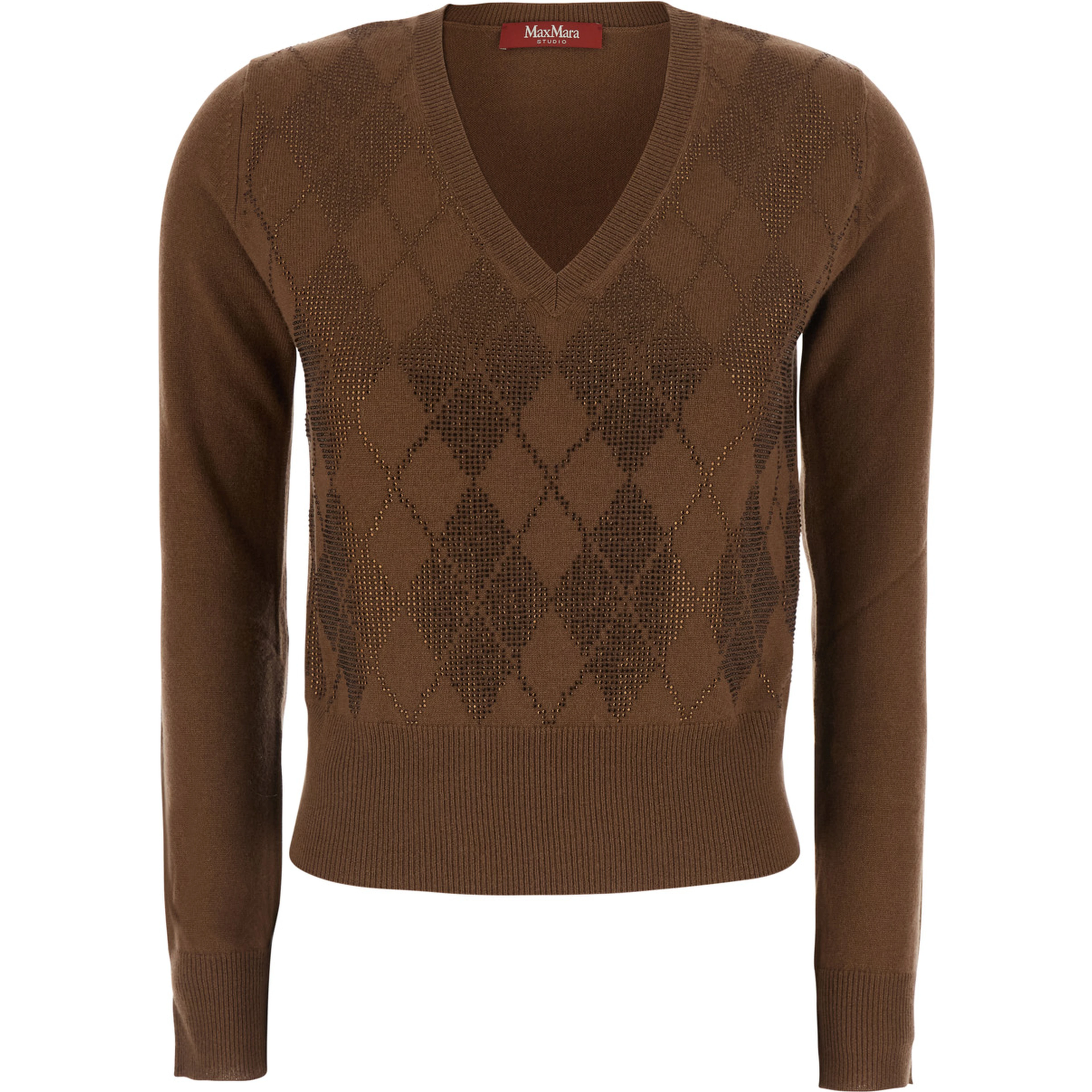Liuti Brown Sweater with V-neck and diamond motif on the front in wool and cashmere for women