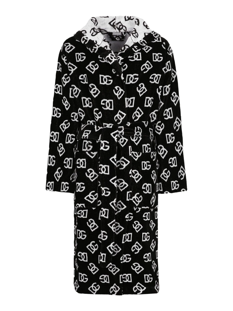 black and white Bathrobe with DG all-over logo and belt in cotton