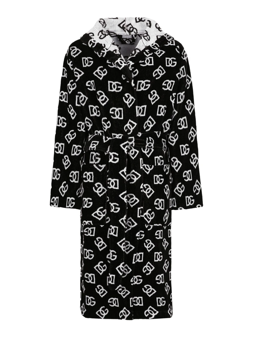 black and white Bathrobe with DG all-over logo and belt in cotton